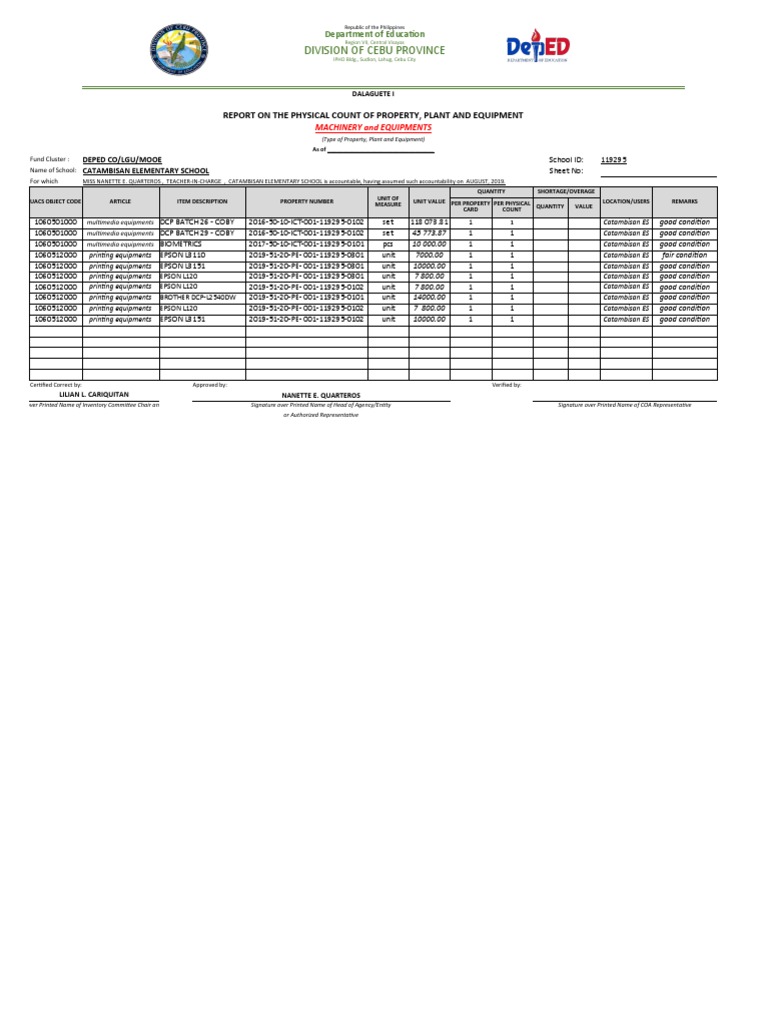 Property Inventory Report for Catambisan ES | PDF | Textbook | Teaching ...