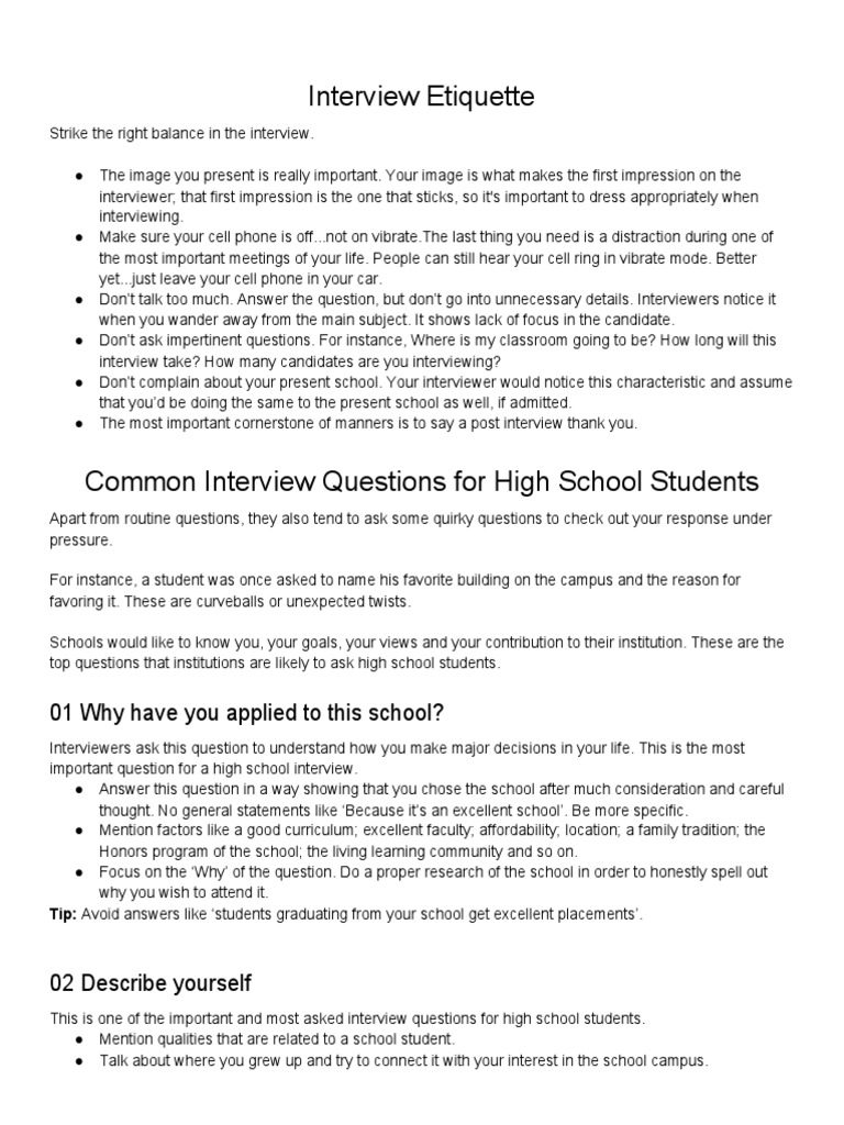 Interview Etiquette: 01 Why Have You Applied To This School? | PDF ...