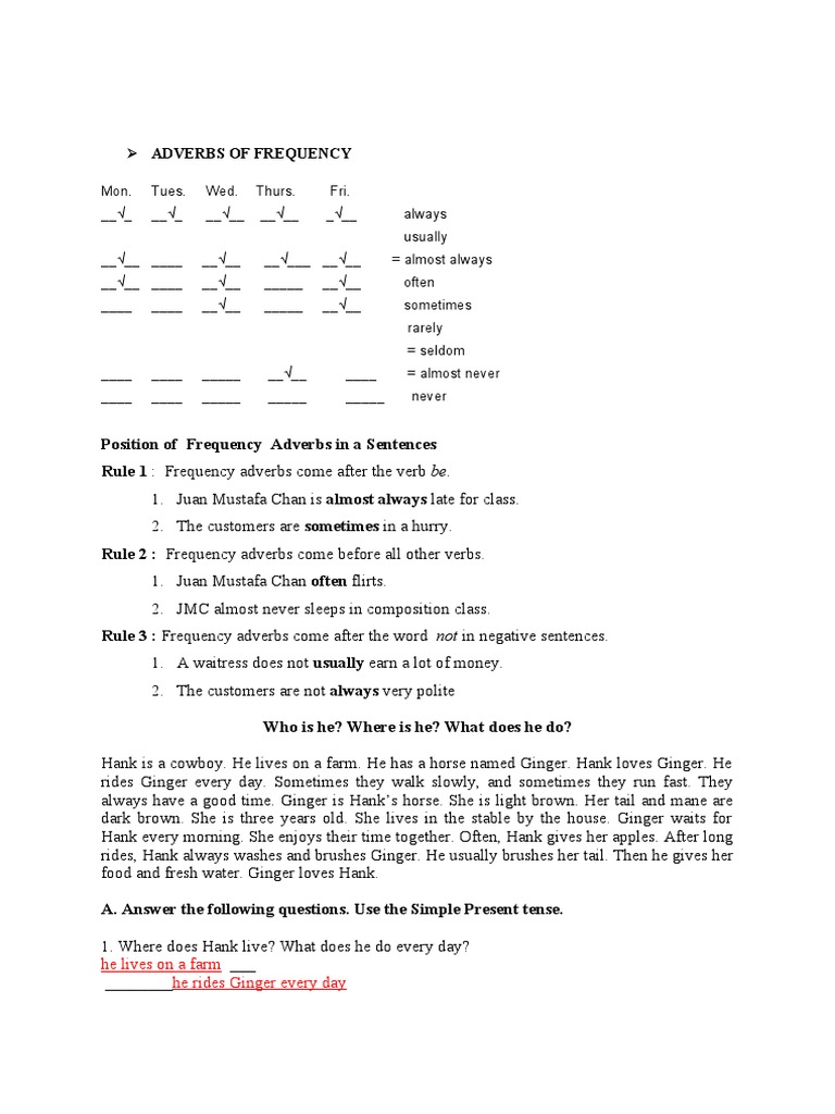 Adverbs of Frequency He Lives On A Farm He Rides Ginger Every Day PDF Adverb Medicine