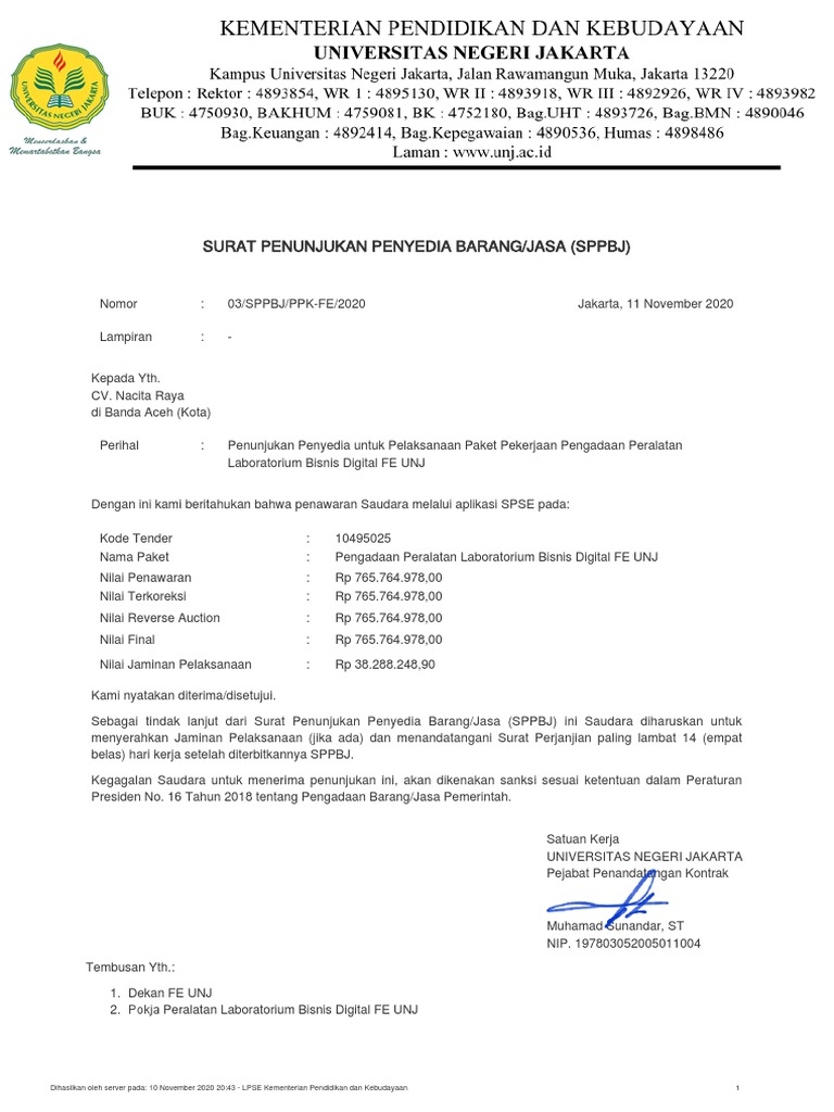 Penunjukan Penyedia Alat Laboratorium FE UNJ | PDF