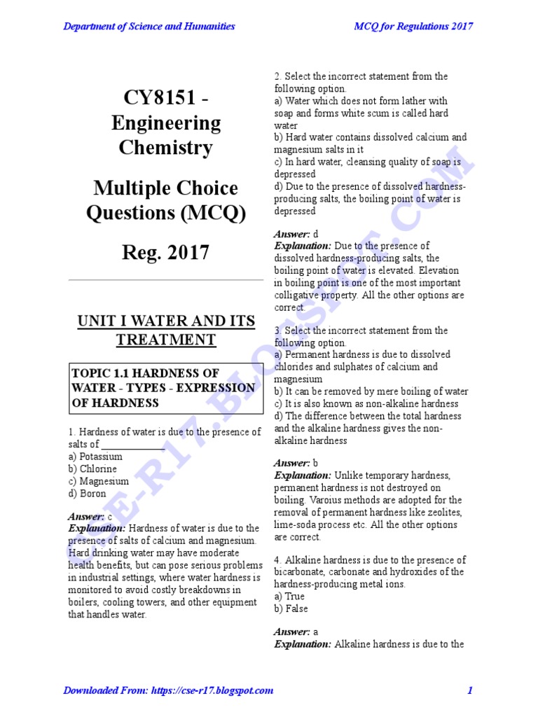 Engineering Chemistry MCQs on Water Hardness | PDF | Ion Exchange ...