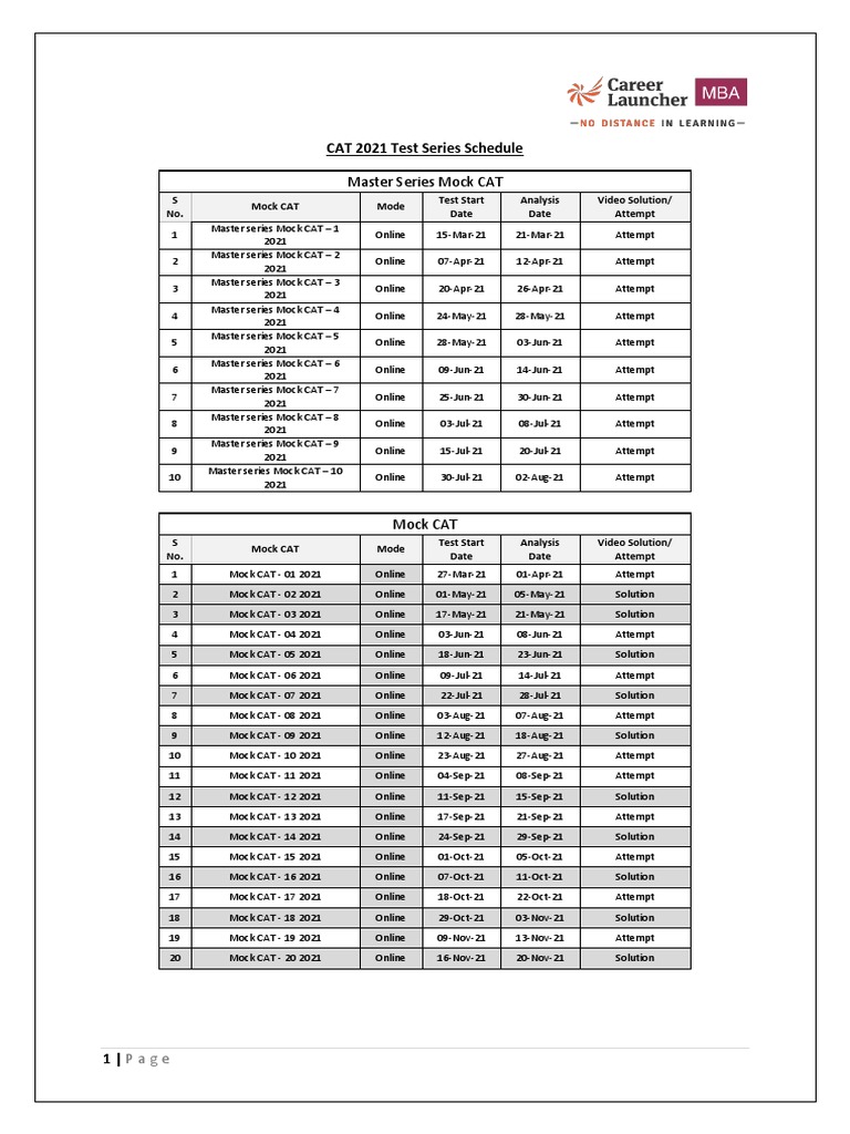CAT 2021 Test Series Schedule (Advanced) | PDF | Computers