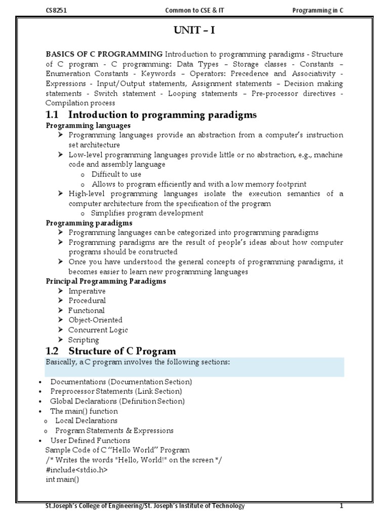 C Programming Unit I Notes | PDF | Programming Language | Programming ...
