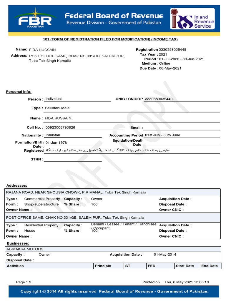 Tax Registration Details 2021 | PDF | Government | Payments