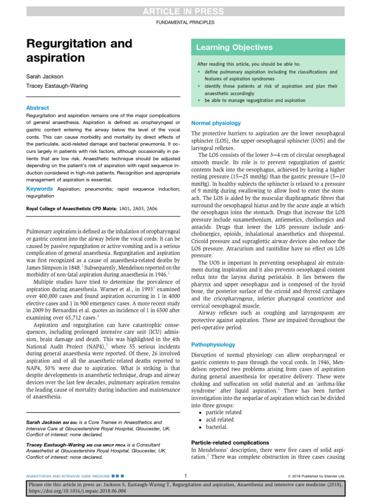 Understanding the Risks of Pulmonary Aspiration A Review of the