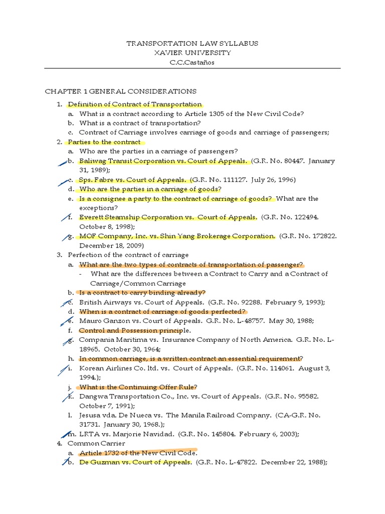 Partial Transpo Syllabus 2020 PDF Admiralty Law Transport