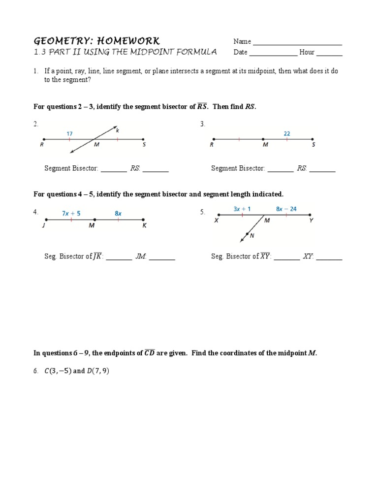 WS - HW - 1.3 Part II Using The Midpoint Formula | PDF