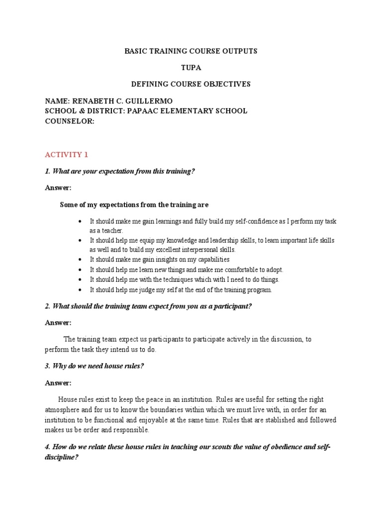 Basic Training Course Outputs Day 1 | PDF | Scouting | Psychology