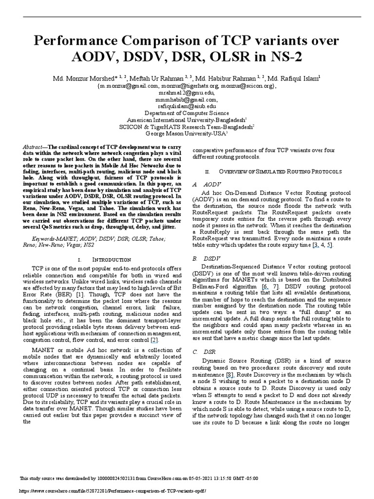 TCP Variants Performance in MANETs | PDF | Network Congestion ...