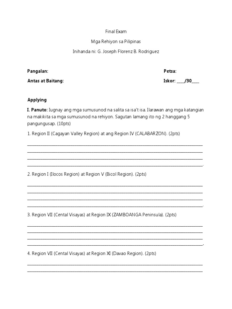 Rehiyon Sa Pilipinas Quiz Pdf