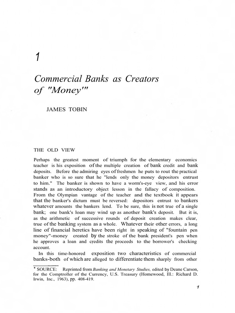 U411 Tobin (1963) Commercial Banks As Creators of Money Recognized