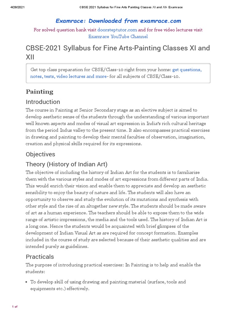 CBSE Fine Arts Painting Syllabus Course Structure 11 12 PDF Drawing