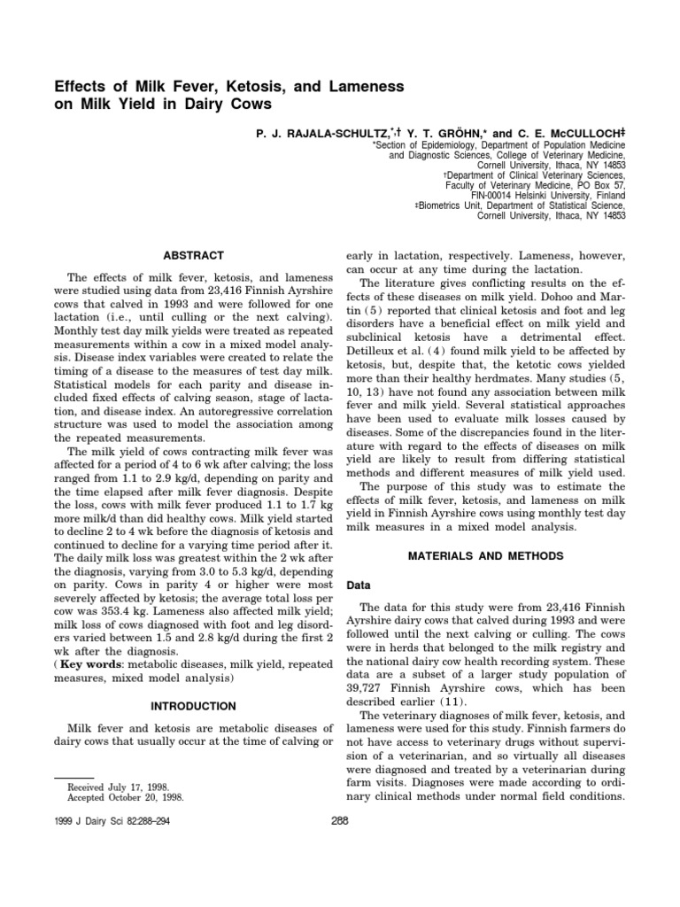 Effects of Milk Fever, Ketosis, and Lameness On Milk Yield in Dairy