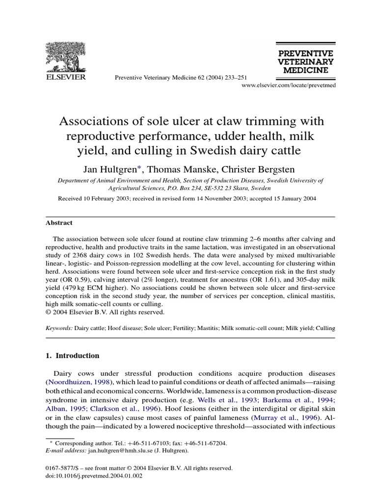 Associations of Sole Ulcer at Claw Trimming With Reproductive