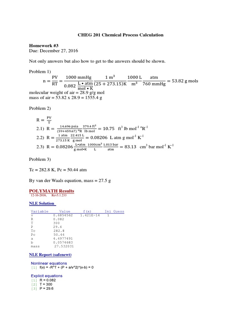 CHEG 201 Chemical Process Calculation Homework #3 | PDF | Mole (Unit ...