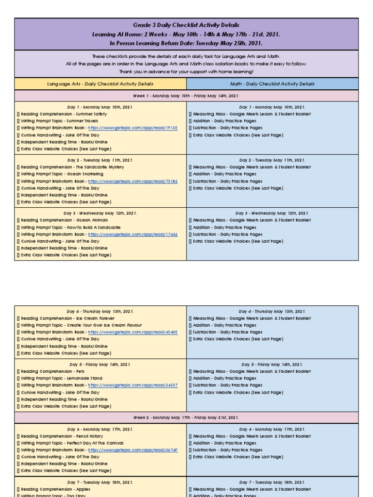 Grade 3 Daily Checklist Activity Details | PDF | Books | Reading ...