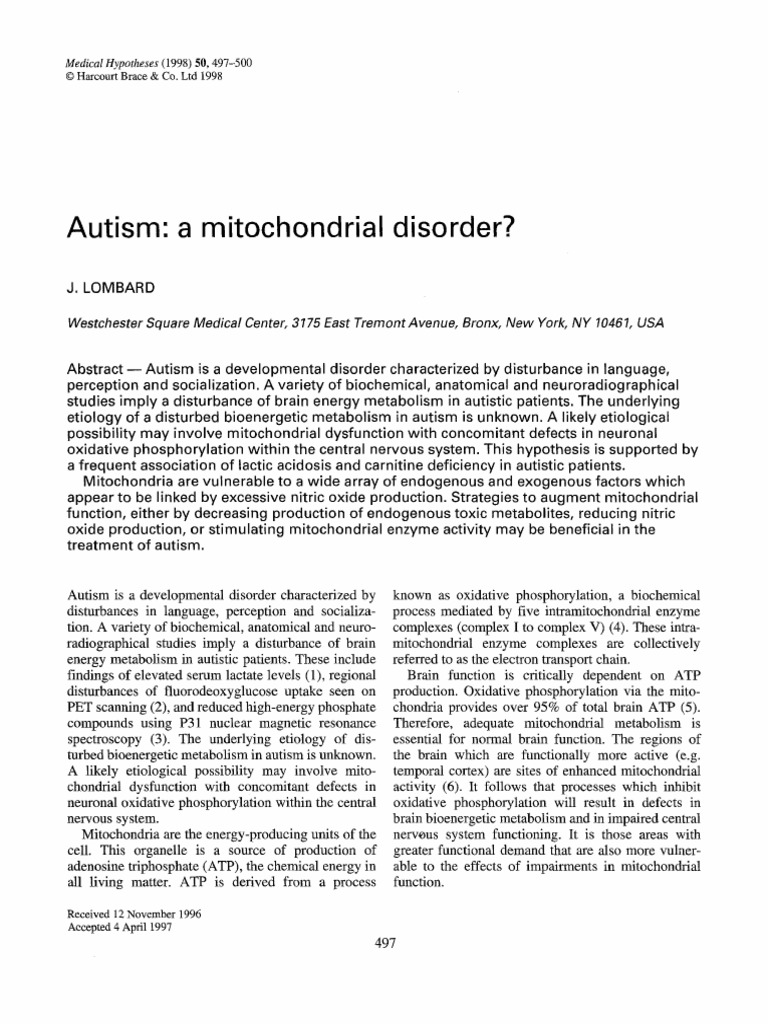 Lombard Mitochondria Autism 1998 | PDF | Mitochondrion | Adenosine ...