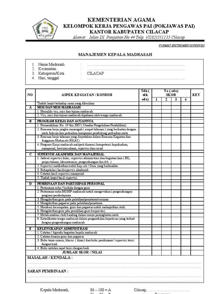 Instrumen Supervisi Kepala Madrasah