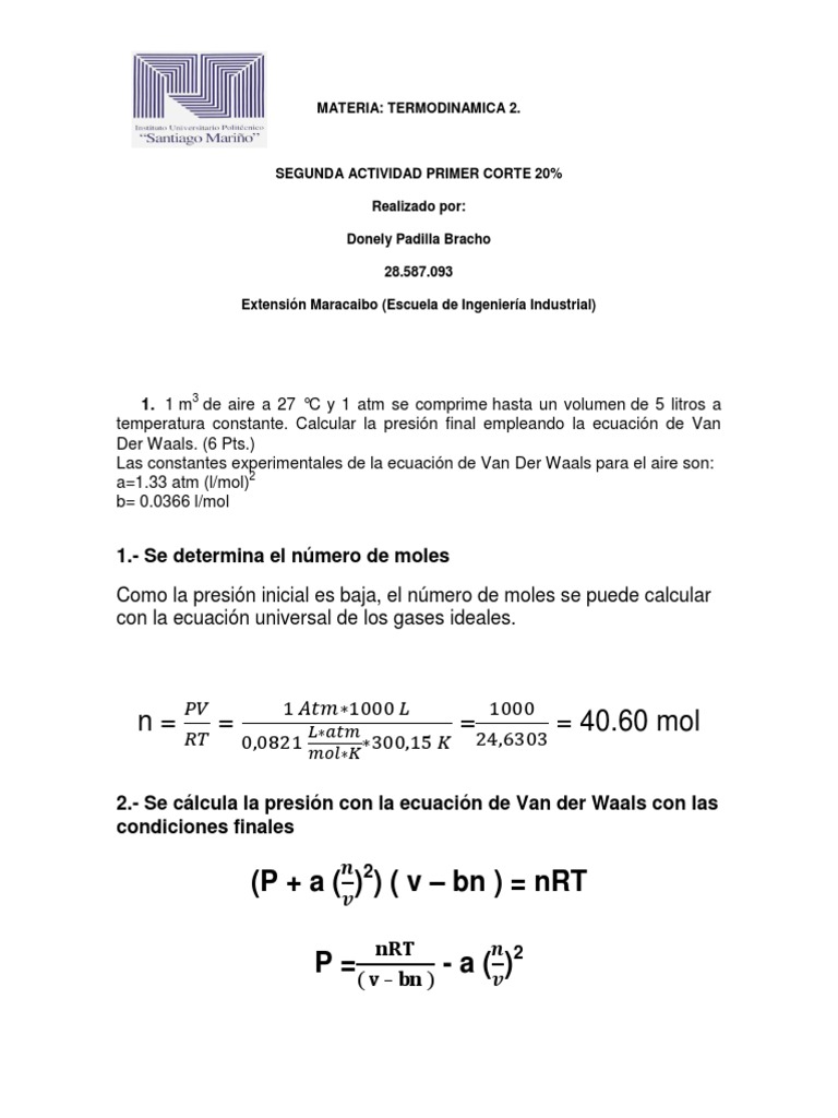 Cálculos de Presión en Gases Ideales y Van der Waals | PDF | Gases ...
