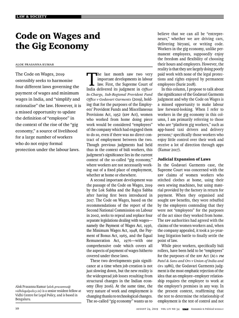 Code on Wages & Gig Economy Impact | PDF | Wage | Employment