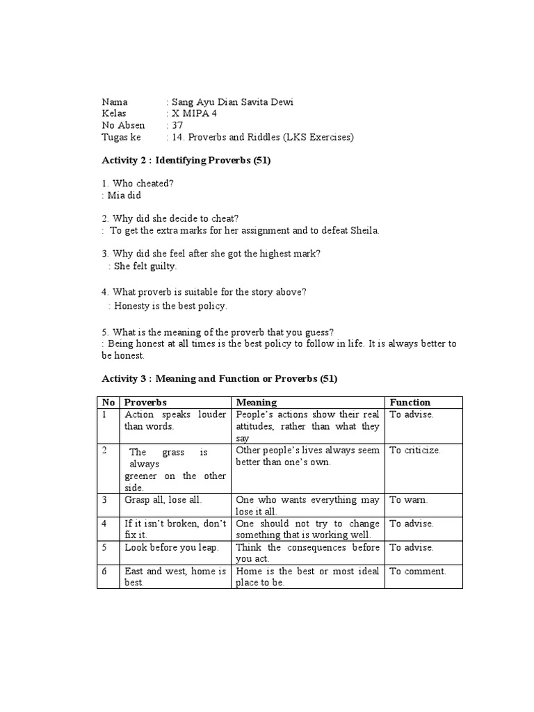Proverbs and Riddles Activity Sheet | PDF | Mystery