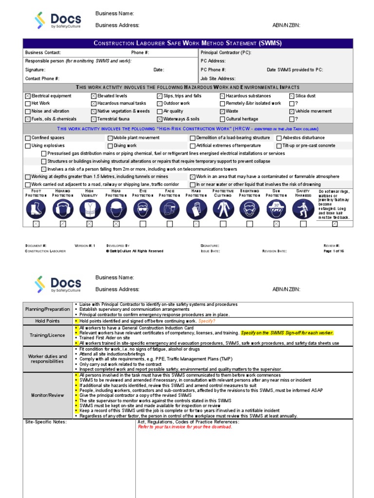 Construction Labourer Swms 10556-4 | PDF | Personal Protective ...