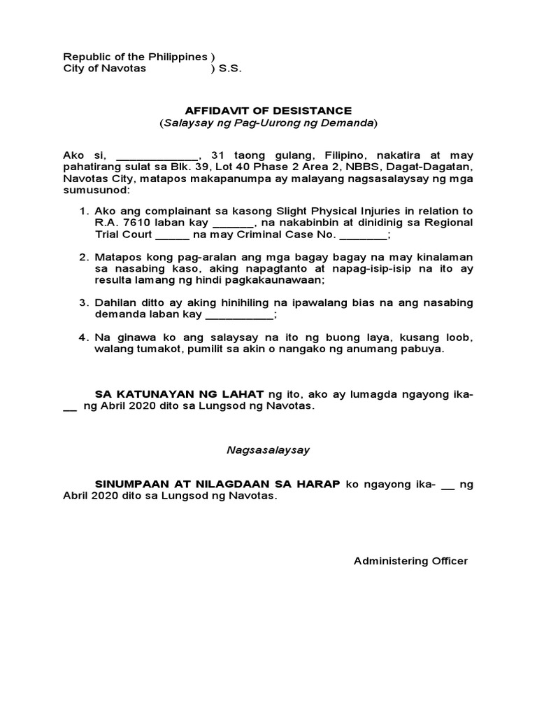 AFFIDAVIT OF DESISTANCE Sample Tagalog
