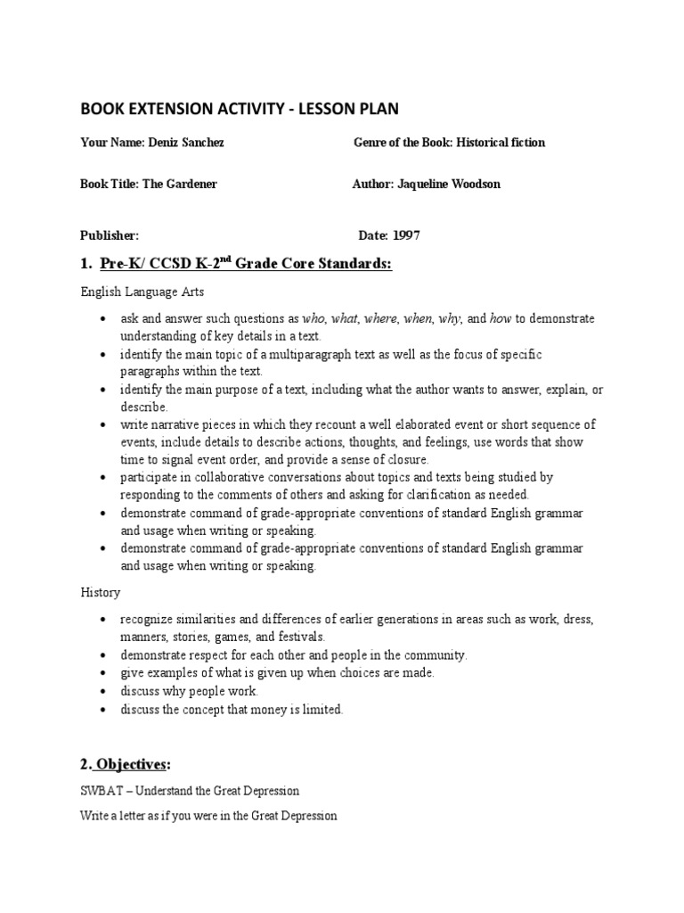 Book Extension Activity Lesson Plan 1. PreK/ CCSD K2 Grade Core Standards PDF Books