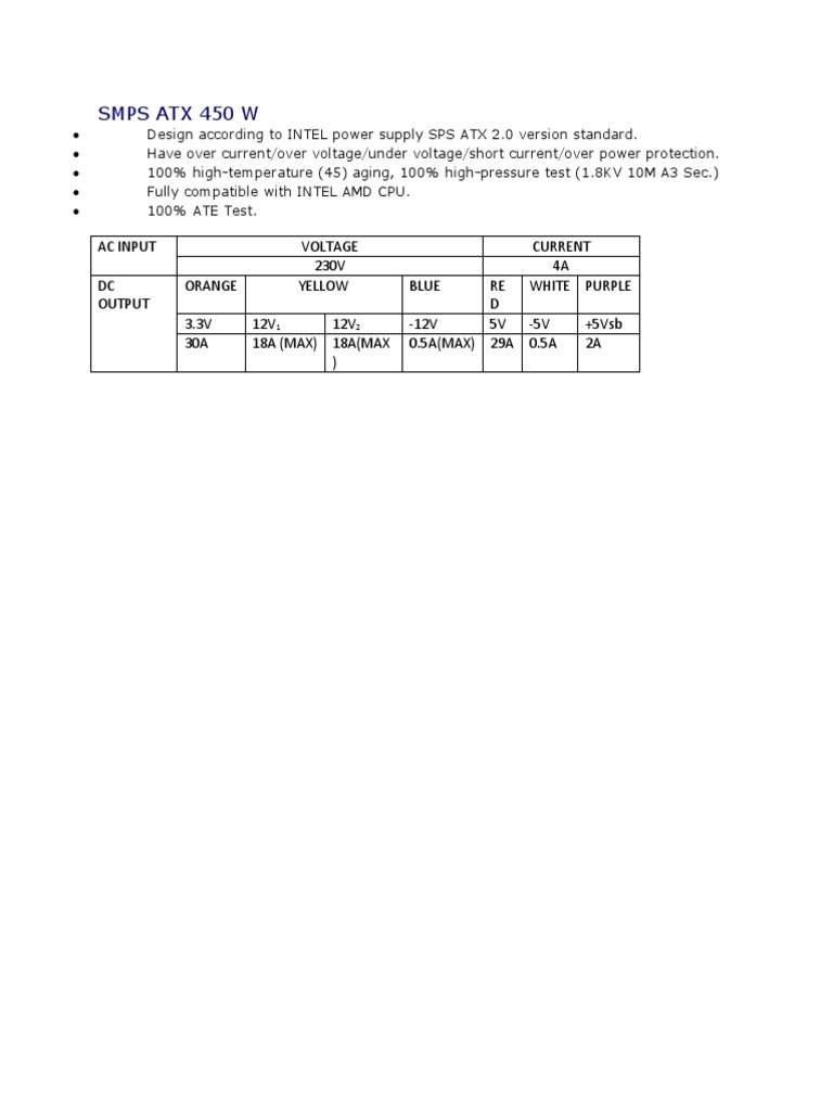 ATX 450W Power Supply Features | PDF | Science & Mathematics