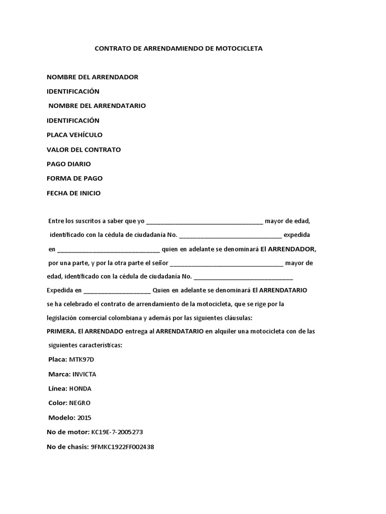 Contrato de Arrendamiento | PDF | Alquiler | Motocicleta