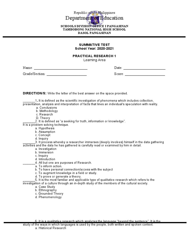 Quarter1 Module 1-2 and 3-4 Pr1 Summative | PDF | Qualitative Research ...