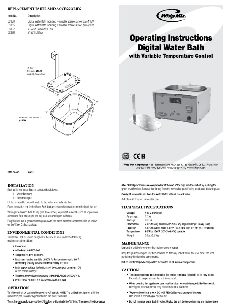 Digital Water Bath Manual 06111 2 PDF Thermostat Humidity