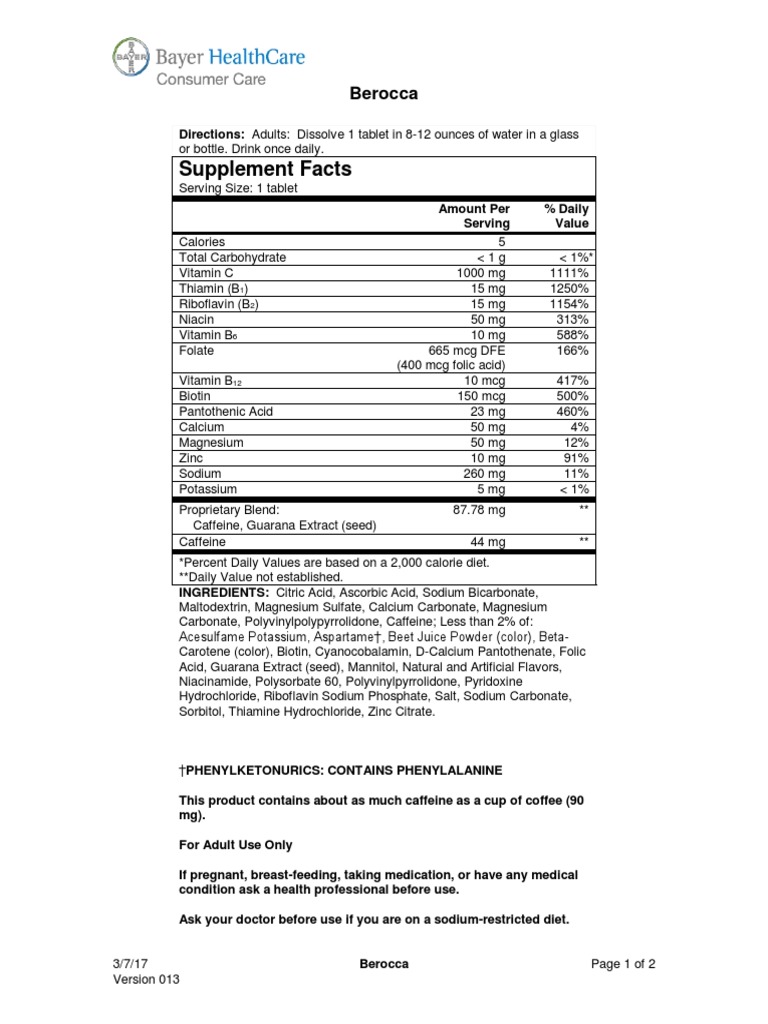 Supplement Facts Berocca PDF Magnesium Vitamin