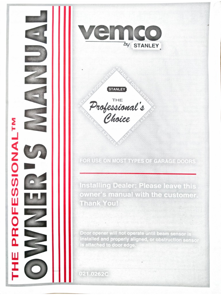 Stanley Vemco Garage Door Opener Owners Manual | PDF