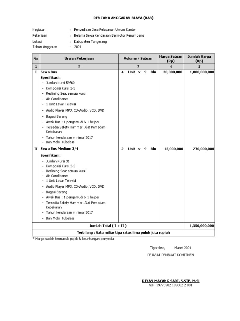 RAB Sewa Bus dan Transportasi 2021 | PDF