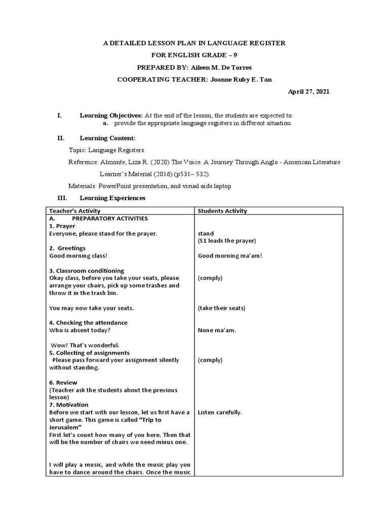 Language Registers Lesson Plan for Grade 9 | PDF | Conversation ...