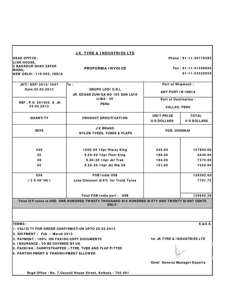 Proforma Invoice for Tyre Shipment | PDF | International Trade ...