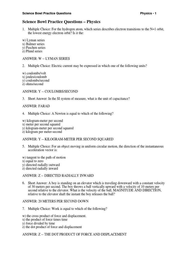 Science Bowl Practice Questions Physics - 1 | PDF | Capacitor | Volt