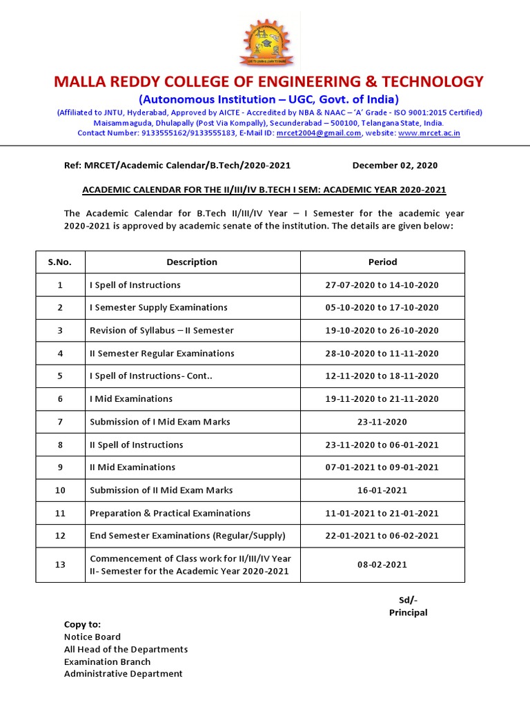 Academic Calendar For The Ii Iii Iv B tech I Ii Sem Academic Year