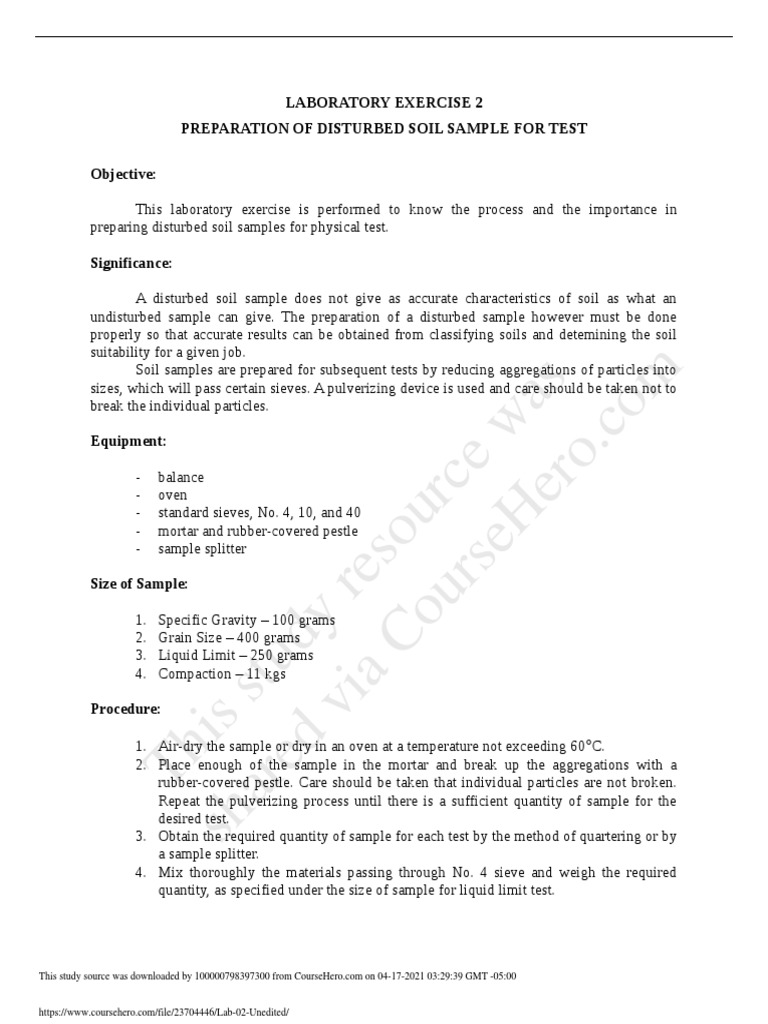 This Study Resource Was Laboratory Exercise 2 Preparation of Disturbed