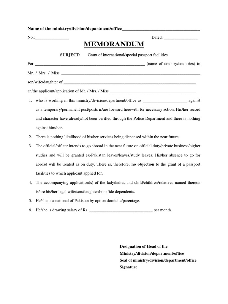Passport Memorandum For Govt Emplloyees PDF