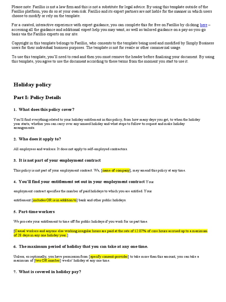 Annual Leave Policy Template PDF Sick Leave Pro Rata