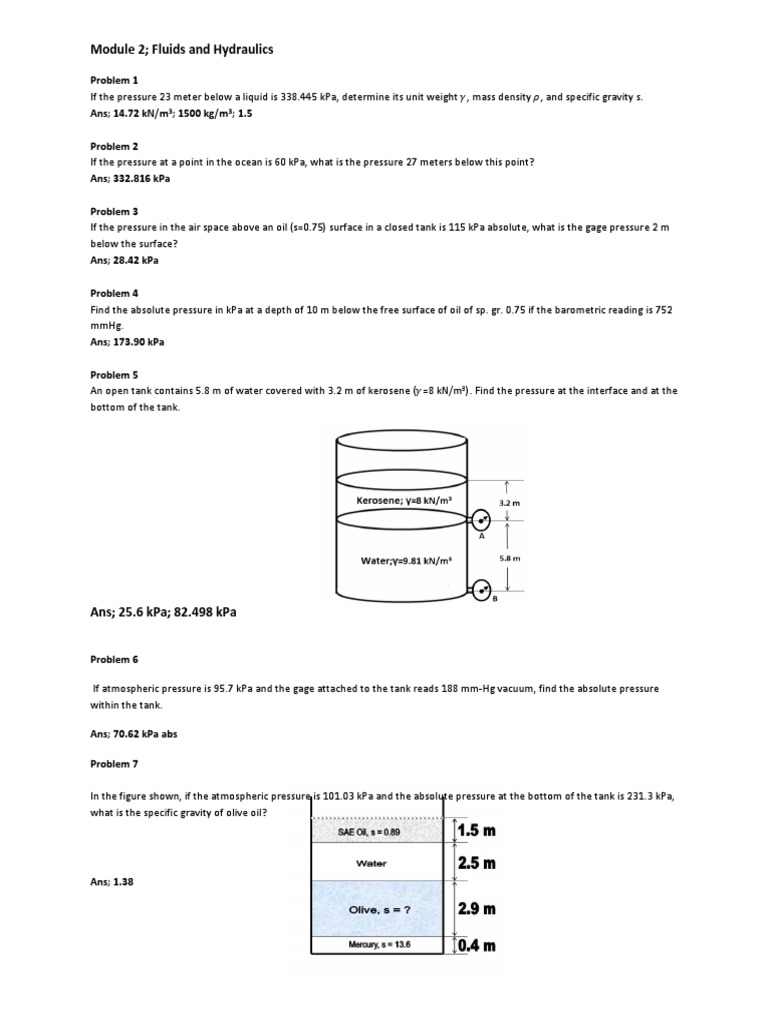 Fluids and Hydraulics Pressure Problems | PDF | Pressure Measurement ...