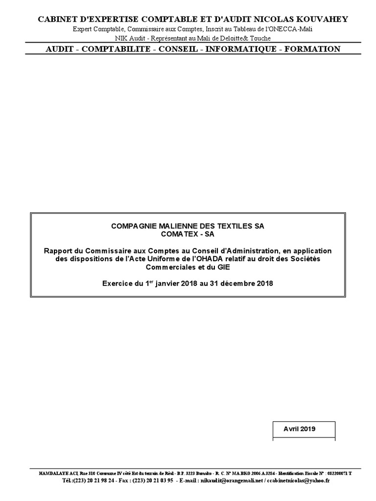Rapport d'Audit COMATEX 2018 | PDF | Contrôle interne | Comptabilité