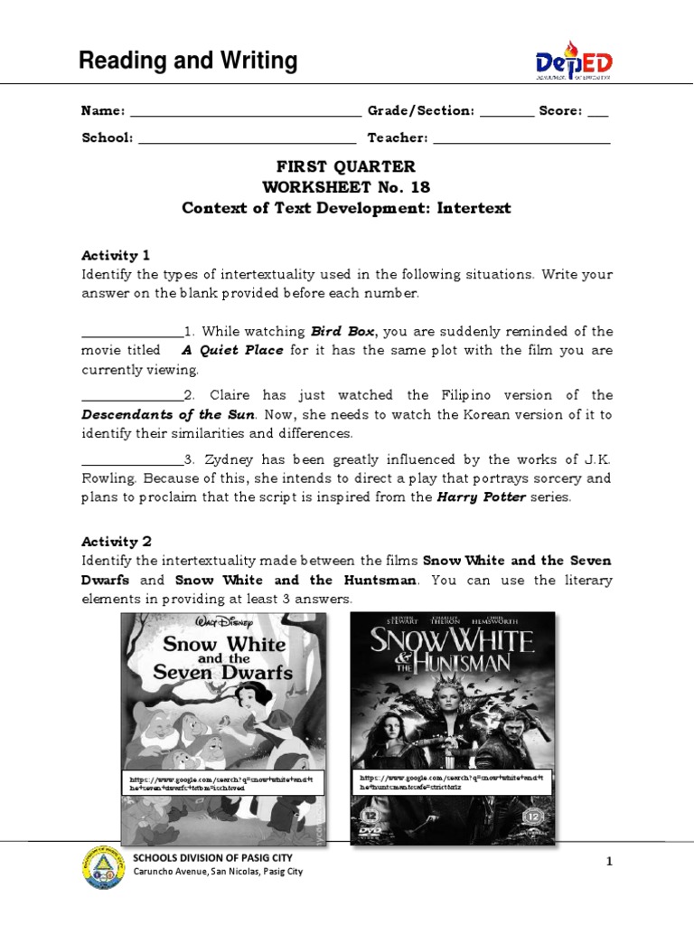 Intertextuality Worksheet Activities | PDF | Intertextuality