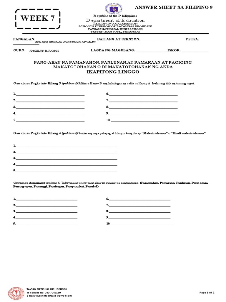 Week 7-Answer Sheet Filipino 9 | PDF