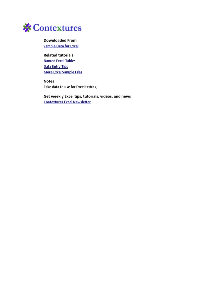 Sample Data for Excel Testing | PDF