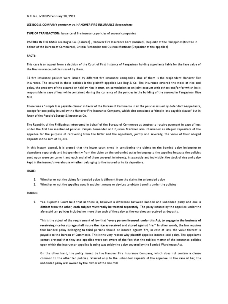 Lee Bog Co. vs. Hanover Fire Insurance Case | PDF | Insurance | Appeal