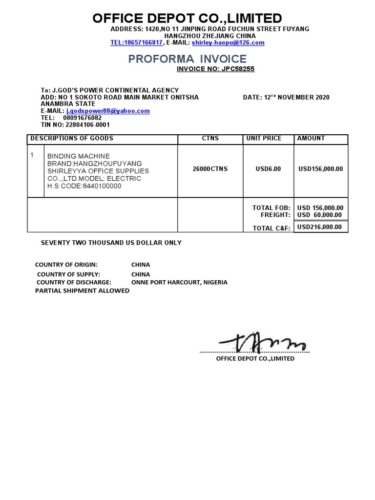 Office Depot Co.,Limited Proforma Invoice New One PDF