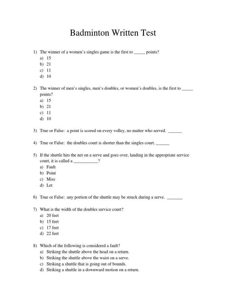 ESS 206 Badminton Written Test Descargar gratis PDF Sports